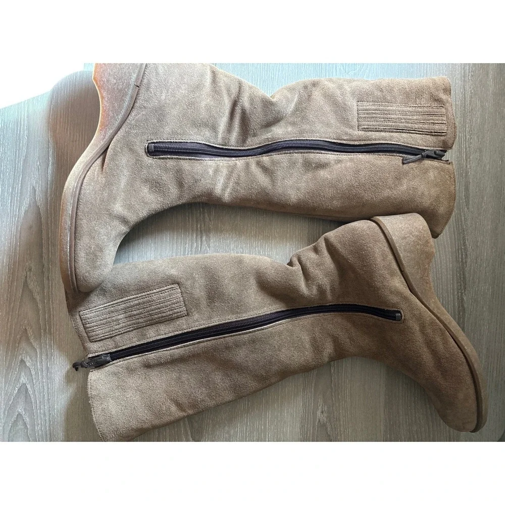 Eddie Bauer Womens 7 Tan Suede‎ Shearling Lined Tall Wedge Boots Cottage Cozy